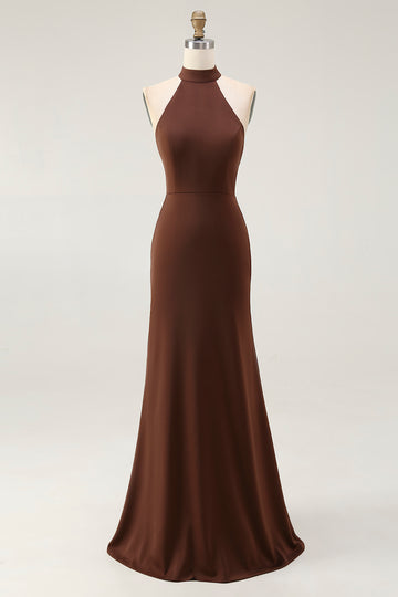 Mermaid Halter Coffee Open Back Long Formal Dress